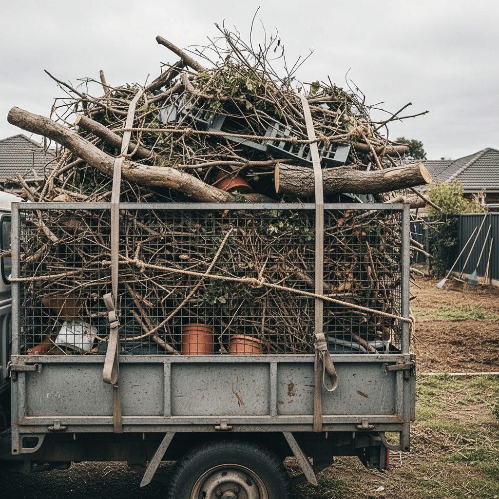 Utility vehicle loaded with collected garden waste and hard waste