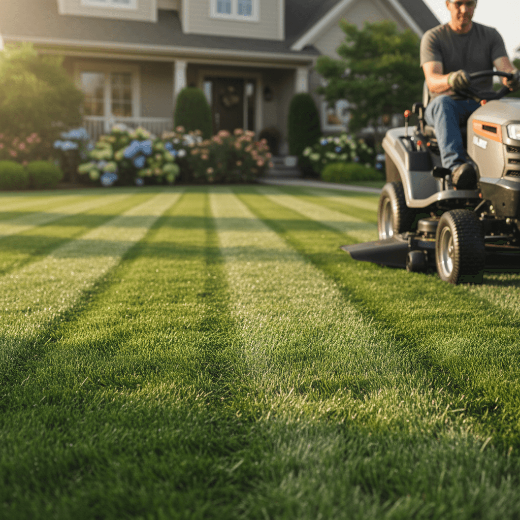 Freshly mowed residential lawn with even stripes