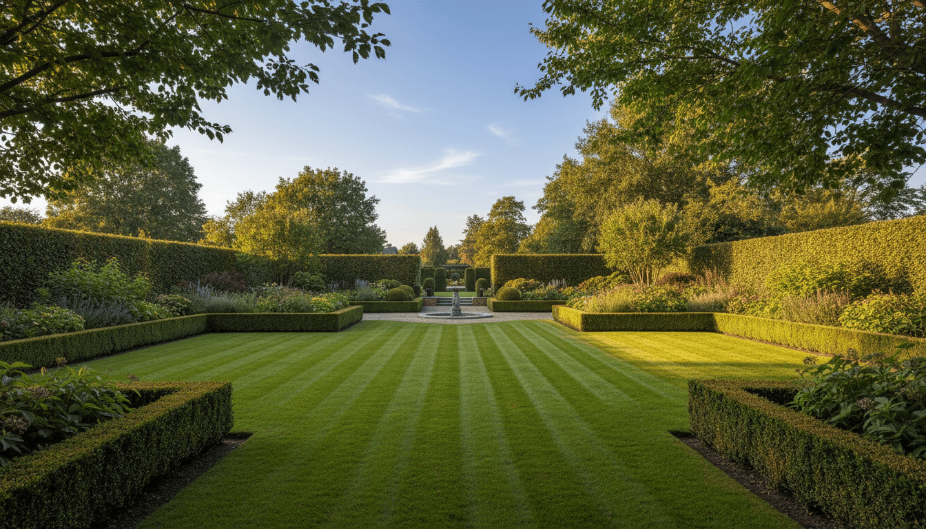 Well-maintained residential garden with perfectly mowed lawn, trimmed hedges, and clean outdoor space