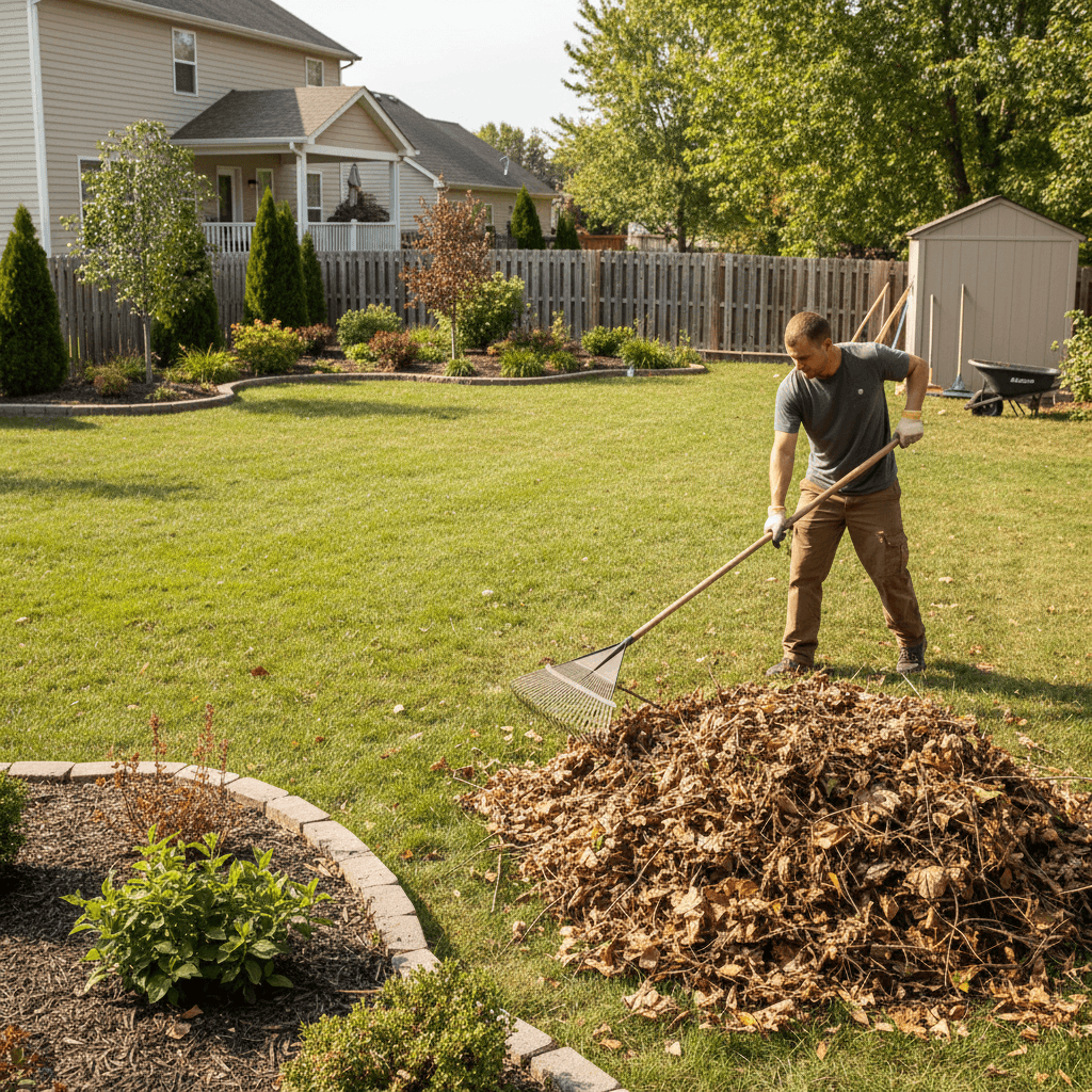 Backyard being cleared of leaves and garden debris
