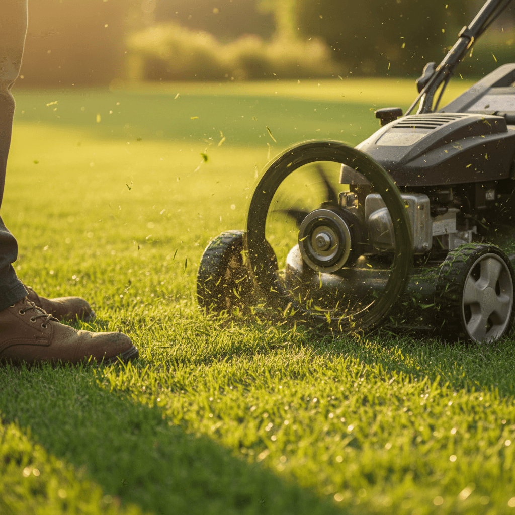 Professional lawn mower cutting green grass with precision