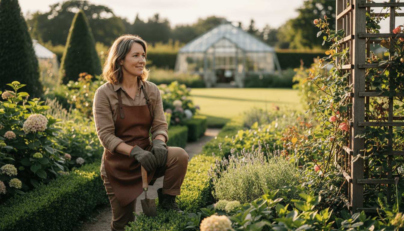 Business owner in a well-maintained garden with trimmed hedges and healthy plants